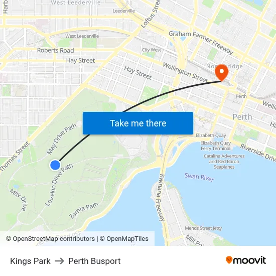 Kings Park to Perth Busport map