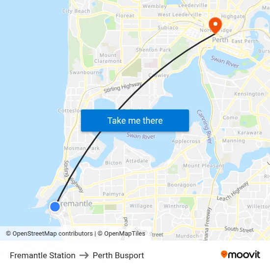 Fremantle Station to Perth Busport map