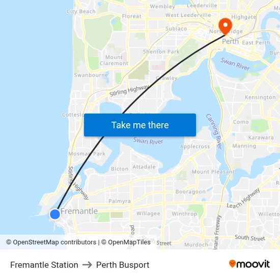 Fremantle Station to Perth Busport map