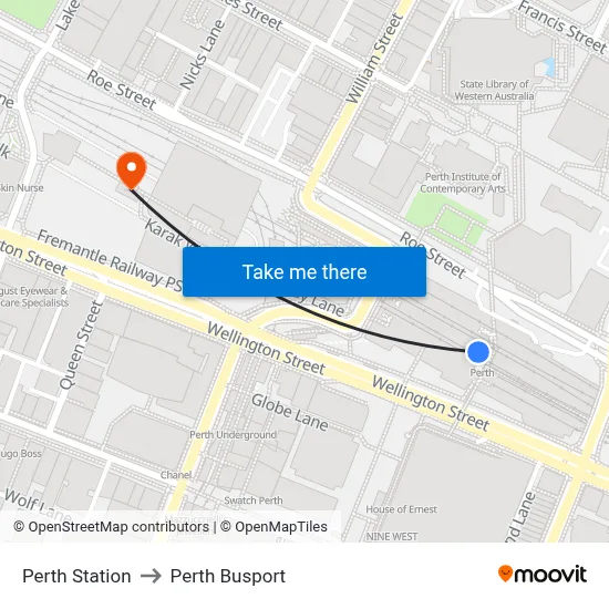 Perth Station to Perth Busport map