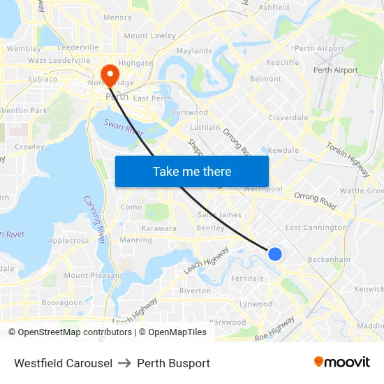 Westfield Carousel to Perth Busport map