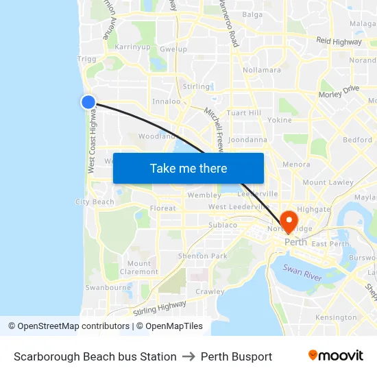 Scarborough Beach bus Station to Perth Busport map