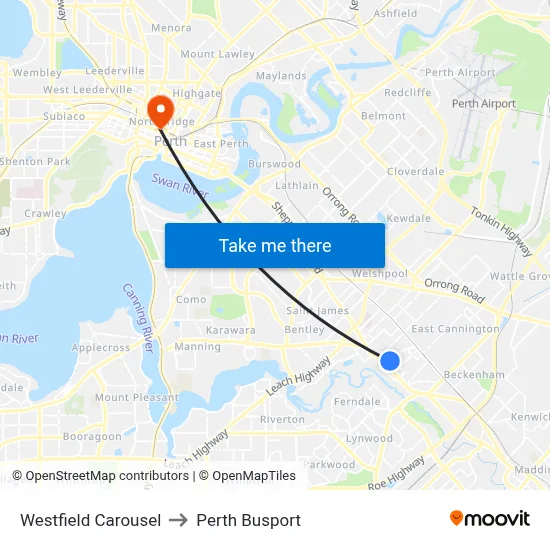 Westfield Carousel to Perth Busport map