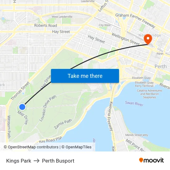 Kings Park to Perth Busport map
