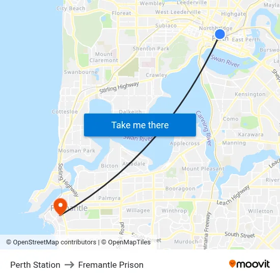 Perth Station to Fremantle Prison map