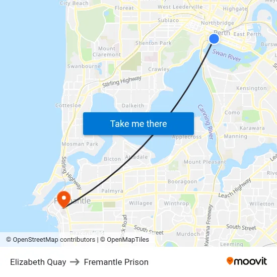Elizabeth Quay to Fremantle Prison map