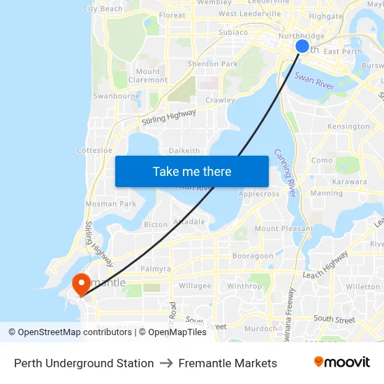 Perth Underground Station to Fremantle Markets map