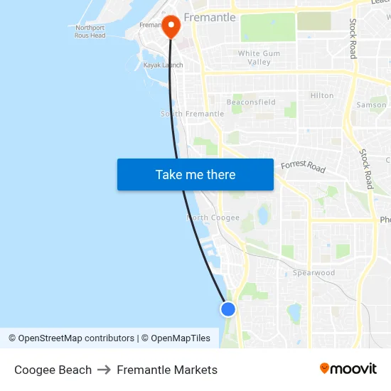 Coogee Beach to Fremantle Markets map