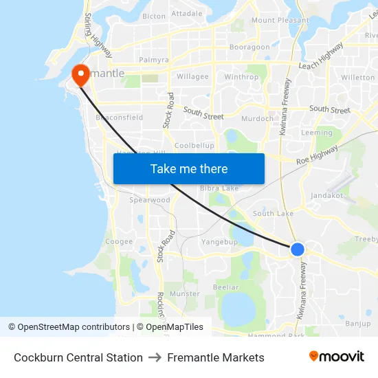 Cockburn Central Station to Fremantle Markets map