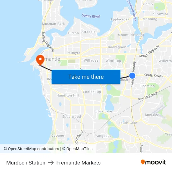 Murdoch Station to Fremantle Markets map