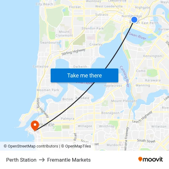 Perth Station to Fremantle Markets map