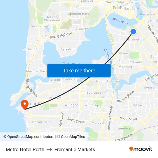 Metro Hotel Perth to Fremantle Markets map