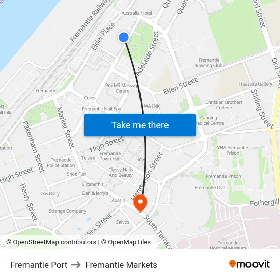 Fremantle Port to Fremantle Markets map