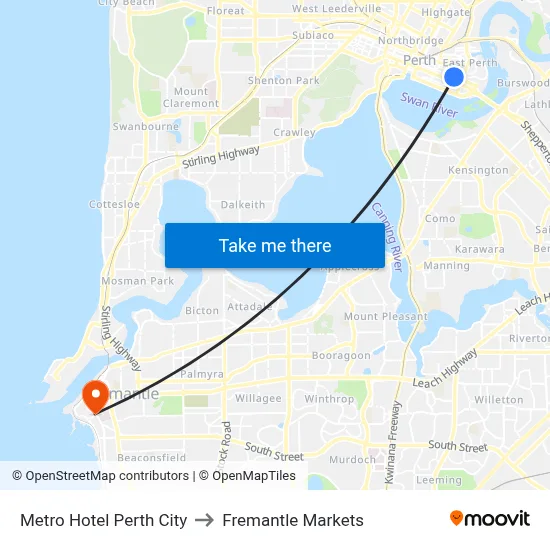Metro Hotel Perth City to Fremantle Markets map