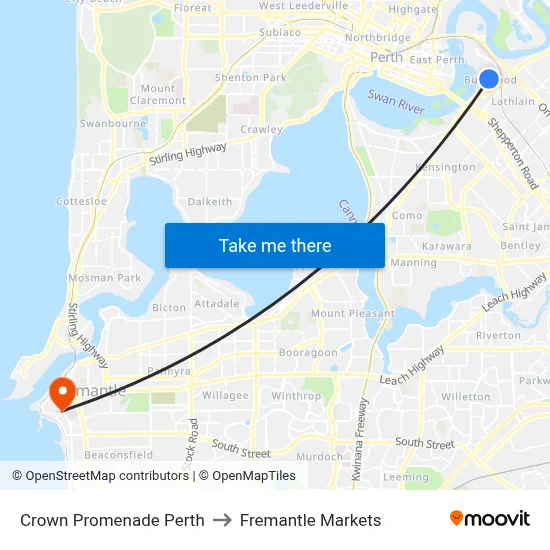 Crown Promenade Perth to Fremantle Markets map