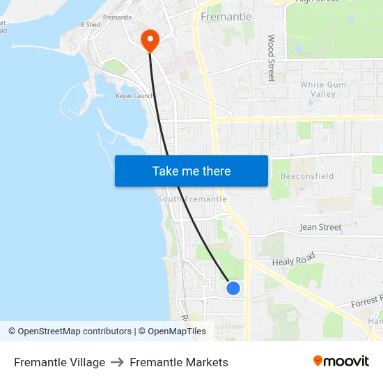 Fremantle Village to Fremantle Markets map