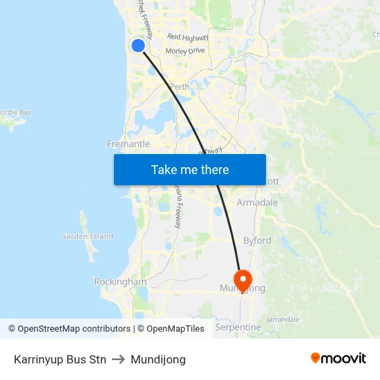 Karrinyup Bus Stn to Mundijong map