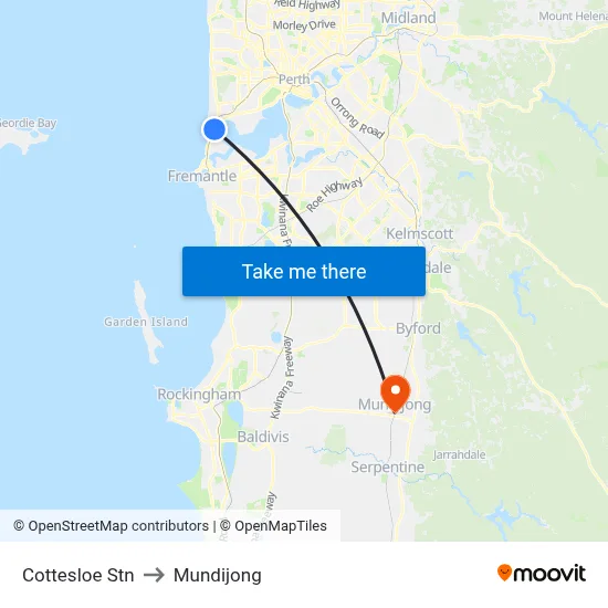 Cottesloe Stn to Mundijong map
