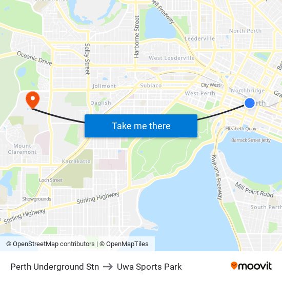 Perth Underground Stn to Uwa Sports Park map