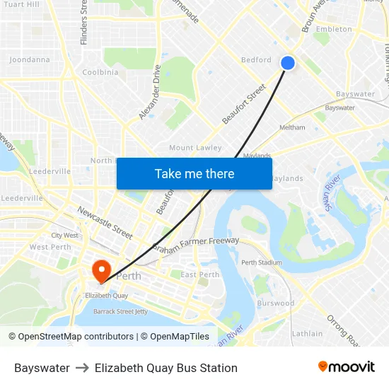 Bayswater to Elizabeth Quay Bus Station map