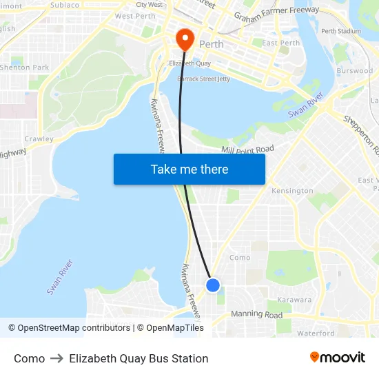 Como to Elizabeth Quay Bus Station map