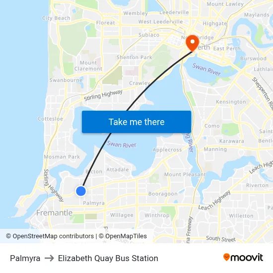 Palmyra to Elizabeth Quay Bus Station map