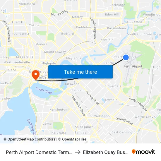 Perth Airport Domestic Terminal T3 T4 to Elizabeth Quay Bus Station map