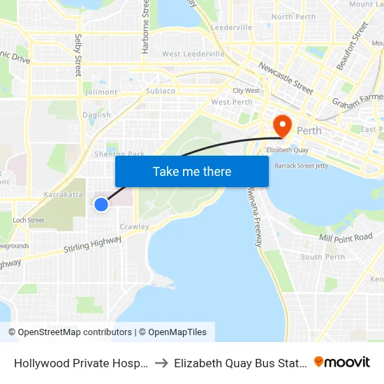 Hollywood Private Hospital to Elizabeth Quay Bus Station map