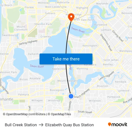 Bull Creek Station to Elizabeth Quay Bus Station map