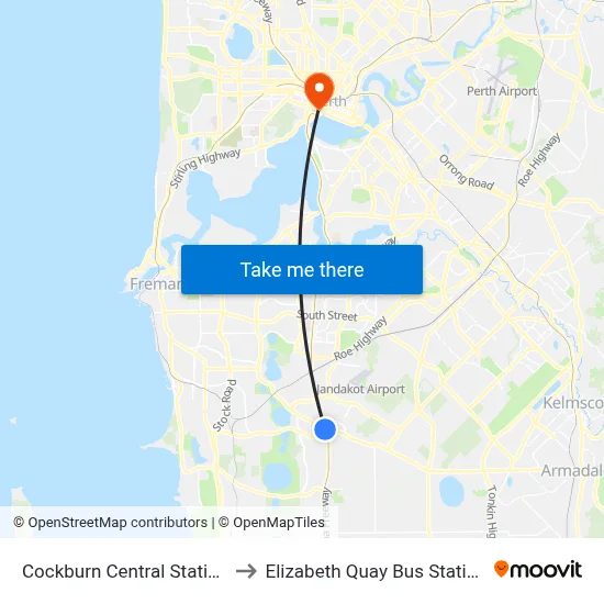Cockburn Central Station to Elizabeth Quay Bus Station map