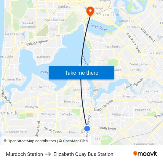 Murdoch Station to Elizabeth Quay Bus Station map