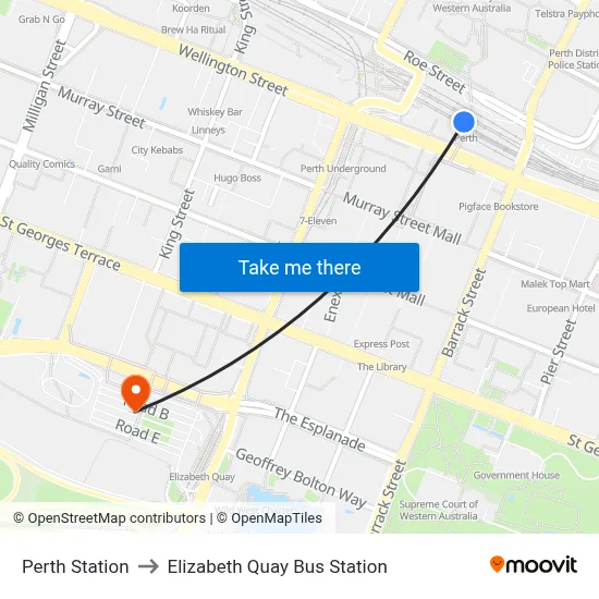 Perth Station to Elizabeth Quay Bus Station map
