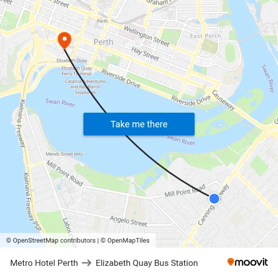 Metro Hotel Perth to Elizabeth Quay Bus Station map
