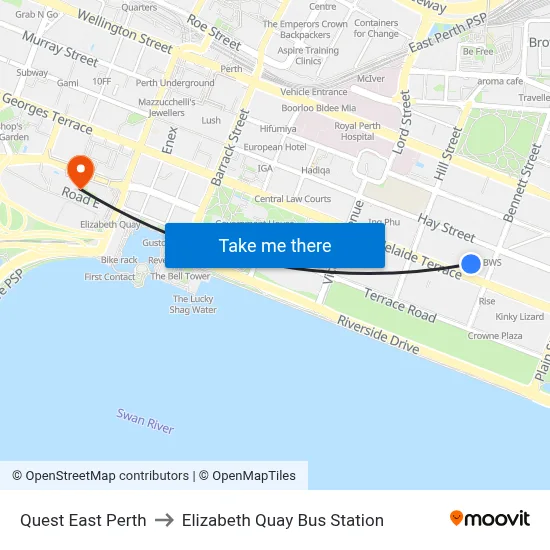Quest East Perth to Elizabeth Quay Bus Station map