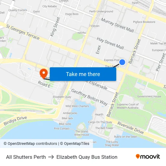 All Shutters Perth to Elizabeth Quay Bus Station map