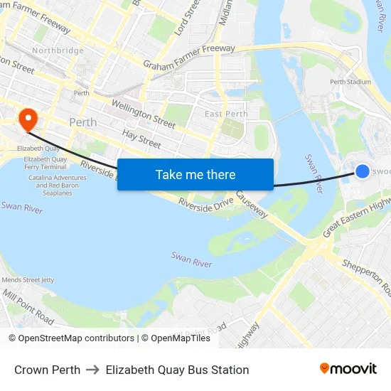 Crown Perth to Elizabeth Quay Bus Station map