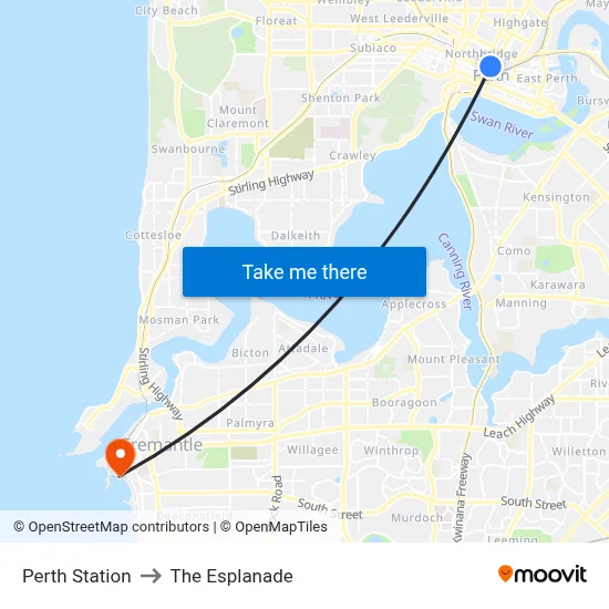 Perth Station to The Esplanade map
