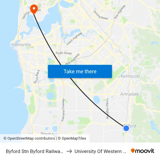 Byford Stn Byford Railway Station to University Of Western Australia map