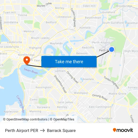 Perth Airport PER to Barrack Square map