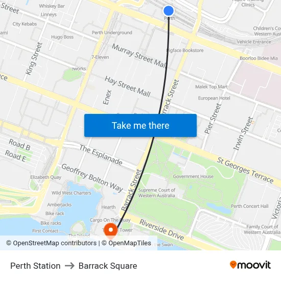 Perth Station to Barrack Square map