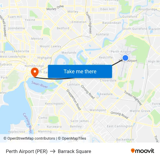 Perth Airport (PER) to Barrack Square map
