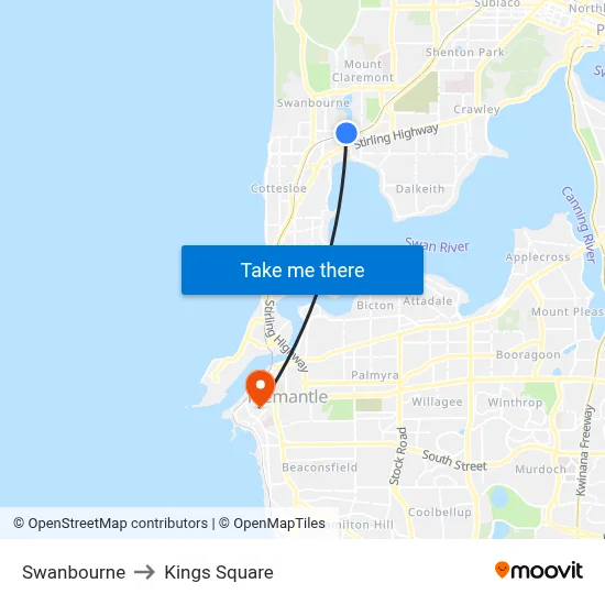 Swanbourne to Kings Square map