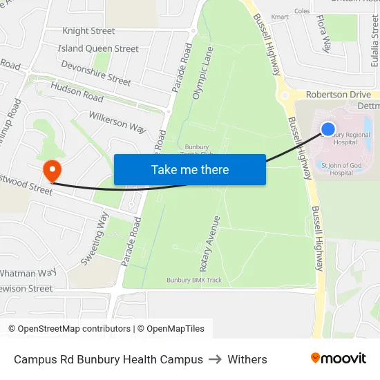 Campus Rd Bunbury Health Campus to Withers map