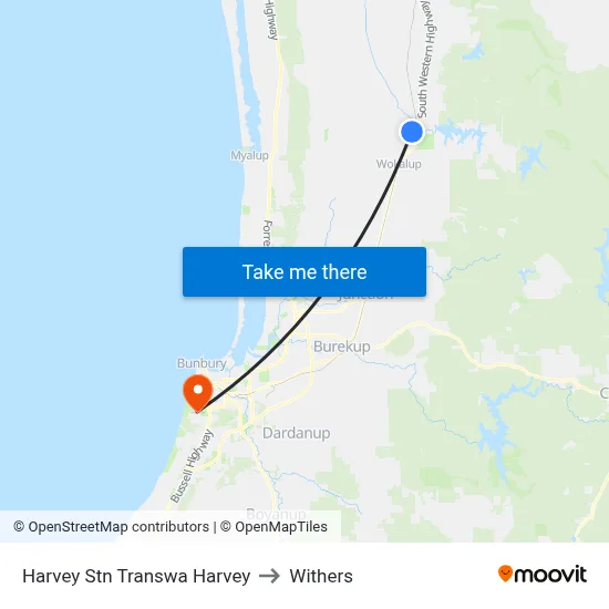 Harvey Stn Transwa Harvey to Withers map