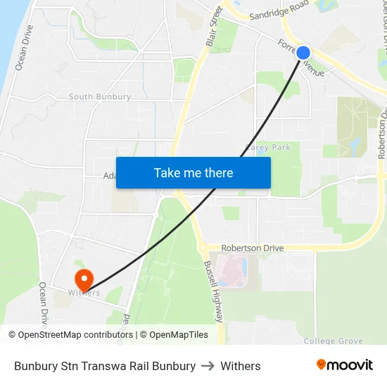 Bunbury Stn Transwa Rail Bunbury to Withers map