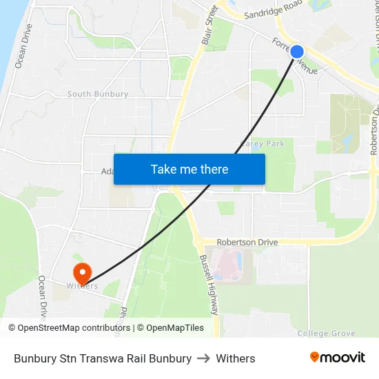 Bunbury Stn Transwa Rail Bunbury to Withers map