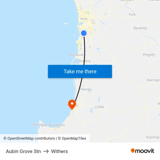 Aubin Grove Stn to Withers map