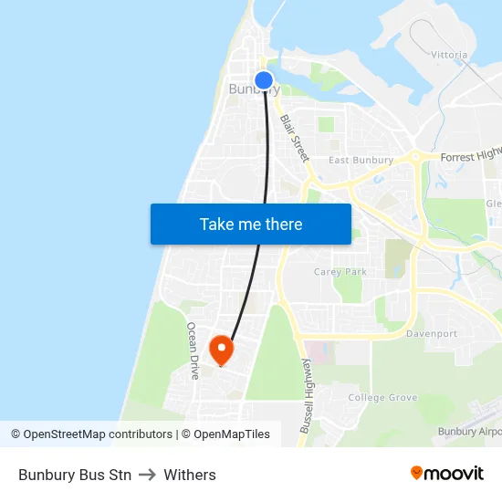 Bunbury Bus Stn to Withers map