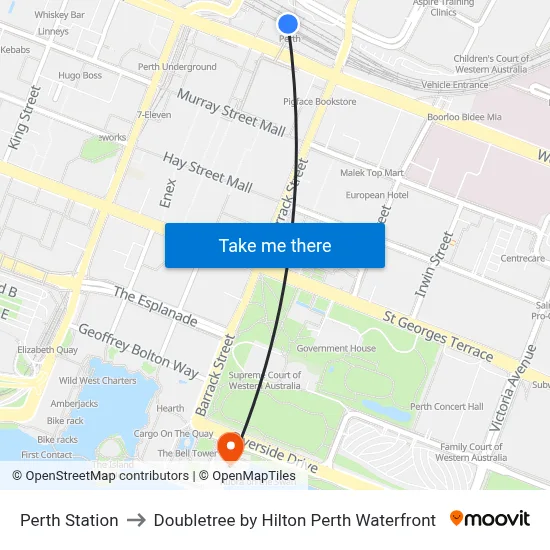 Perth Station to Doubletree by Hilton Perth Waterfront map