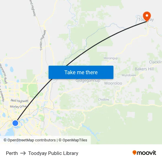 Perth to Toodyay Public Library map